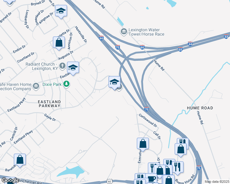 map of restaurants, bars, coffee shops, grocery stores, and more near 1813 Charleston Drive in Lexington