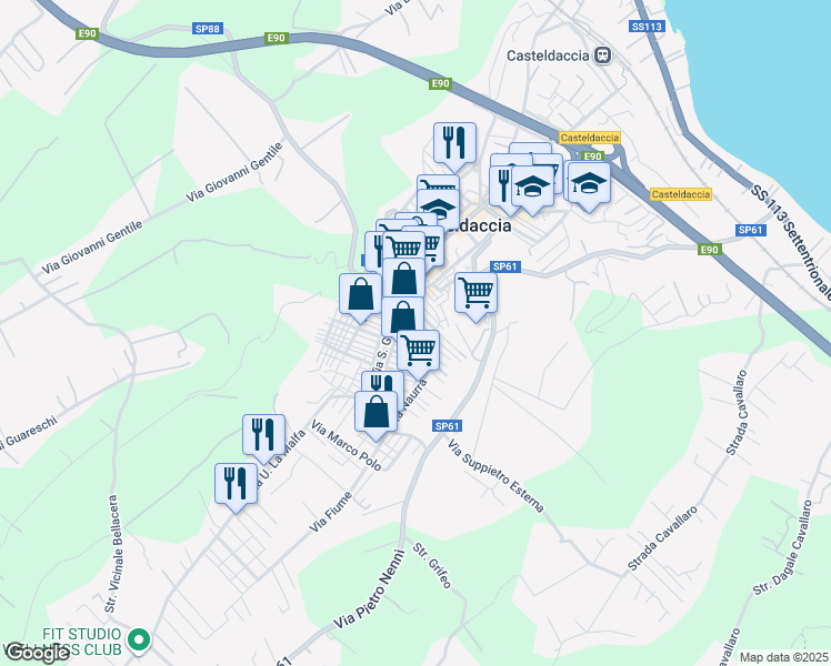 map of restaurants, bars, coffee shops, grocery stores, and more near 14 Via Alcide De Gasperi in Casteldaccia