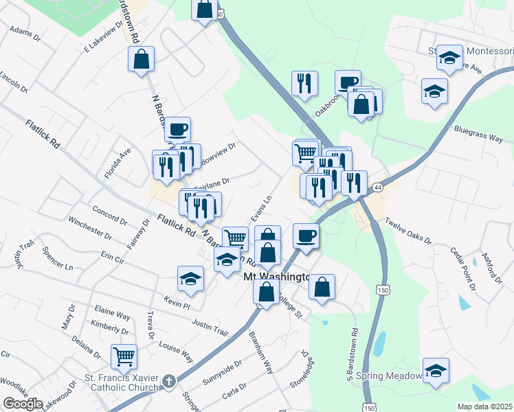 map of restaurants, bars, coffee shops, grocery stores, and more near 334 Evans Lane in Mount Washington