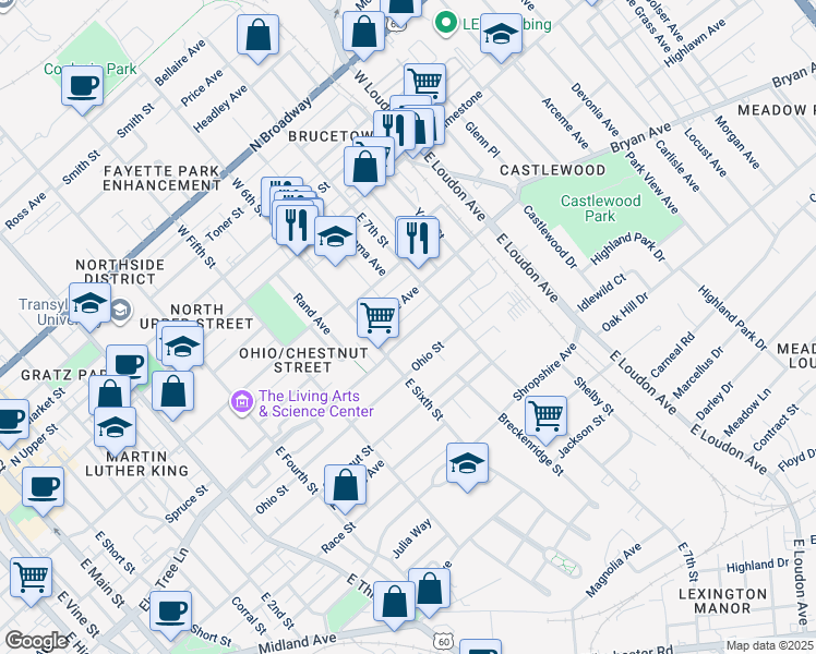 map of restaurants, bars, coffee shops, grocery stores, and more near 623 Elm Tree Lane in Lexington