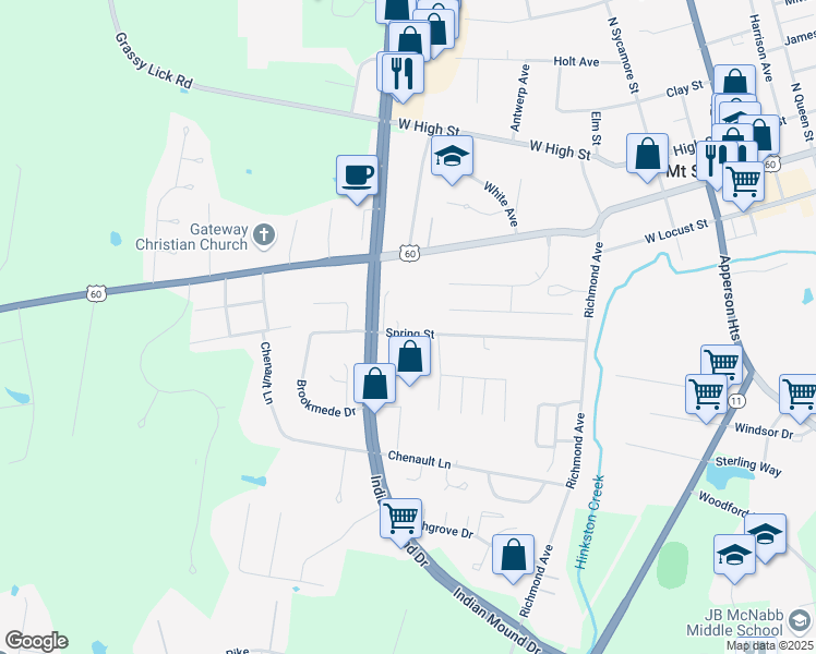 map of restaurants, bars, coffee shops, grocery stores, and more near 497 Spring Street in Mount Sterling