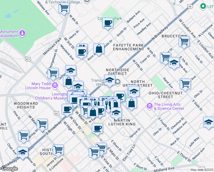 map of restaurants, bars, coffee shops, grocery stores, and more near Bark Alley in Lexington