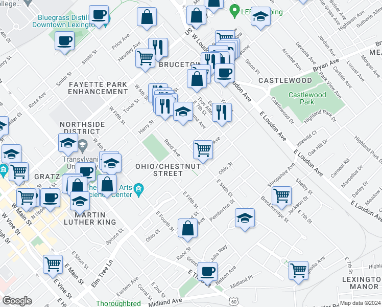 map of restaurants, bars, coffee shops, grocery stores, and more near 210 East Sixth Street in Lexington