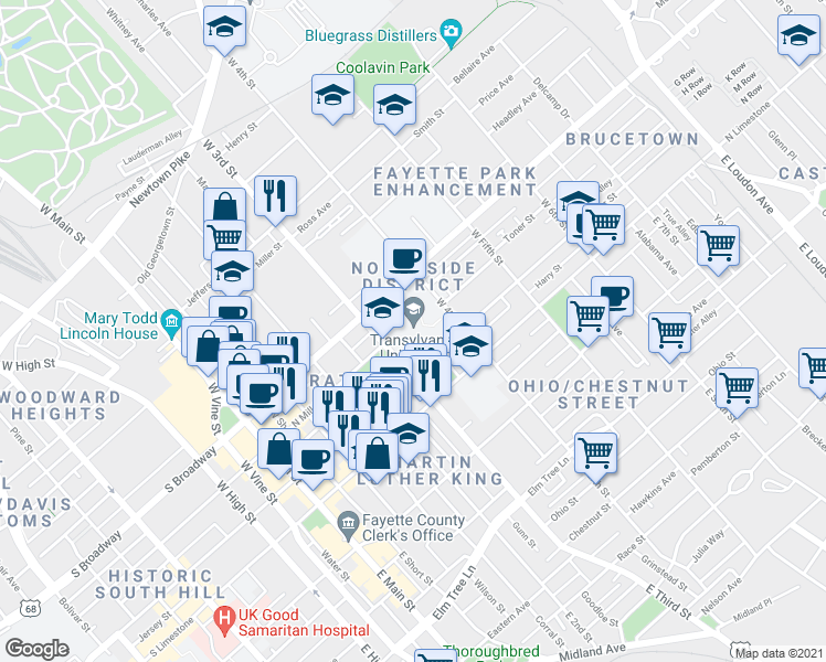 map of restaurants, bars, coffee shops, grocery stores, and more near 300 North Broadway in Lexington