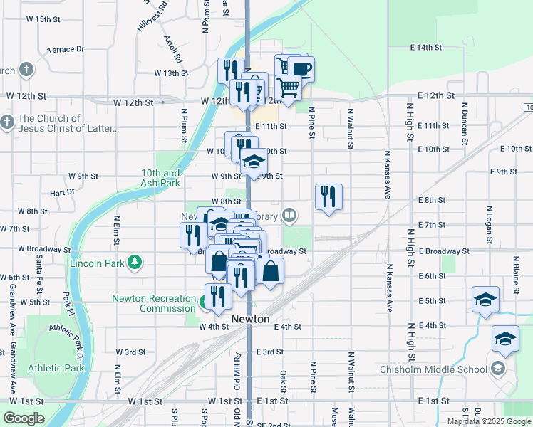map of restaurants, bars, coffee shops, grocery stores, and more near 800 North Main Street in Newton