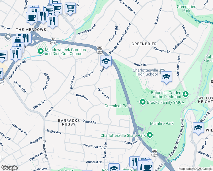 map of restaurants, bars, coffee shops, grocery stores, and more near 1630 Rose Hill Drive in Charlottesville