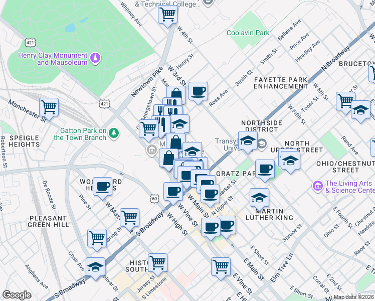 map of restaurants, bars, coffee shops, grocery stores, and more near 444 West 2nd Street in Lexington