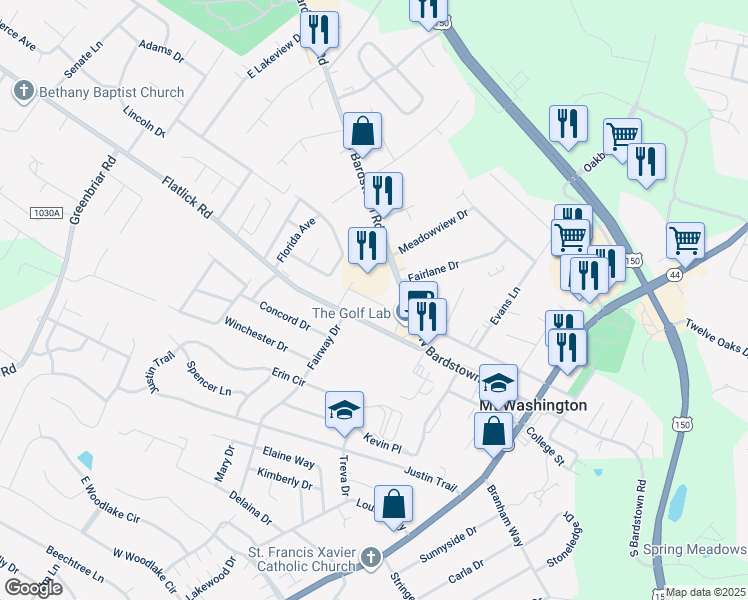 map of restaurants, bars, coffee shops, grocery stores, and more near 545 North Bardstown Road in Mount Washington