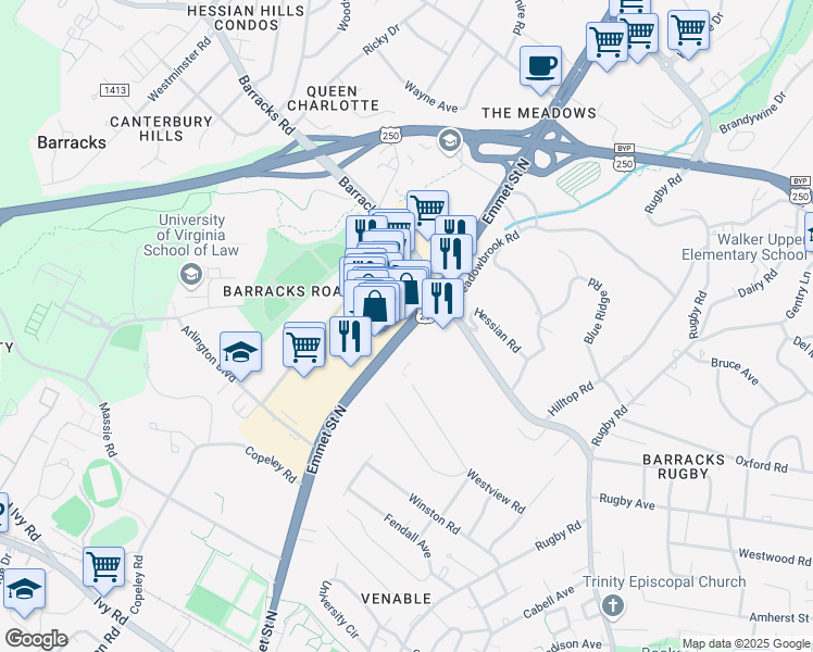 map of restaurants, bars, coffee shops, grocery stores, and more near 1111 Emmet Street North in Charlottesville