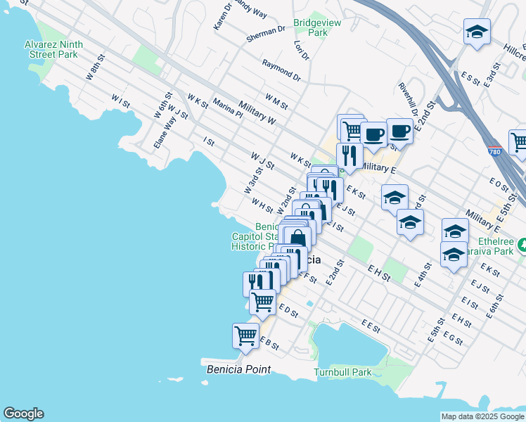 map of restaurants, bars, coffee shops, grocery stores, and more near 236 West H Street in Benicia