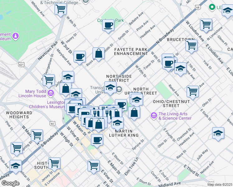 map of restaurants, bars, coffee shops, grocery stores, and more near 300 North Broadway in Lexington