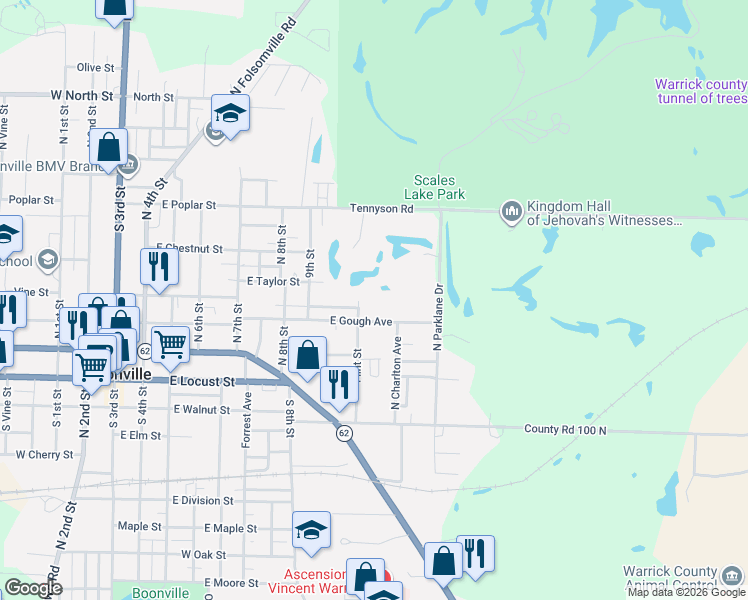 map of restaurants, bars, coffee shops, grocery stores, and more near 604 East Gough Avenue in Boonville
