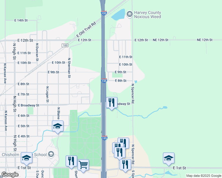 map of restaurants, bars, coffee shops, grocery stores, and more near 1501 E 8th St in Newton