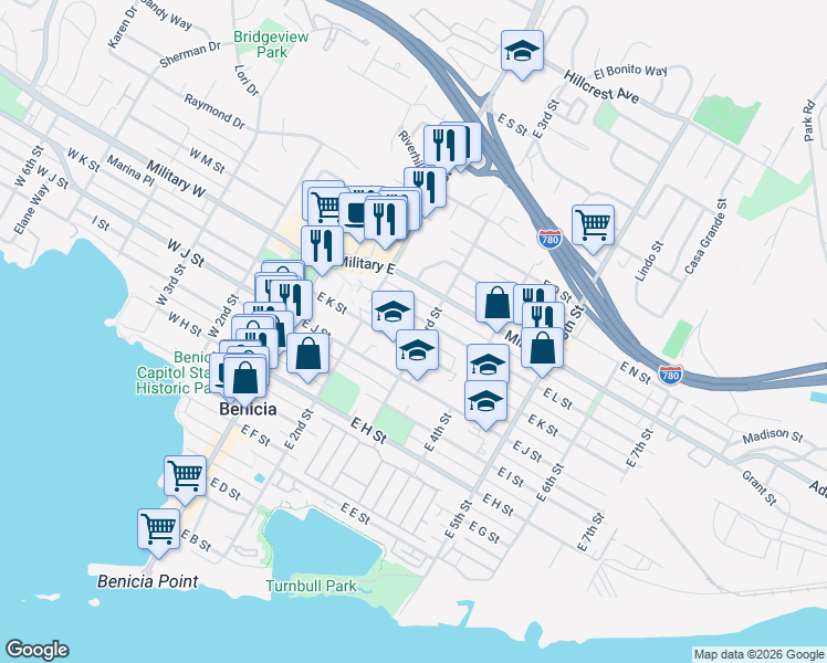 map of restaurants, bars, coffee shops, grocery stores, and more near 290 East L Street in Benicia