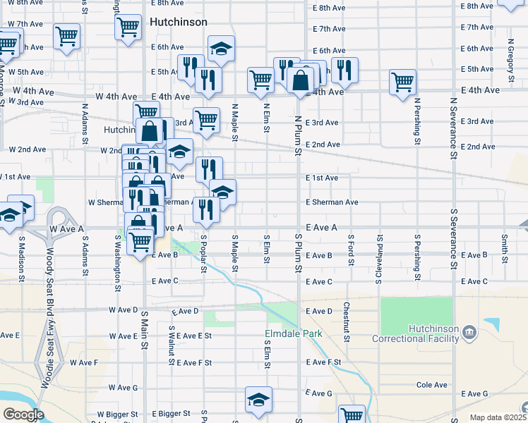 map of restaurants, bars, coffee shops, grocery stores, and more near 9 South Elm Street in Hutchinson