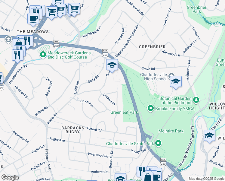 map of restaurants, bars, coffee shops, grocery stores, and more near 1630 Rose Hill Drive in Charlottesville