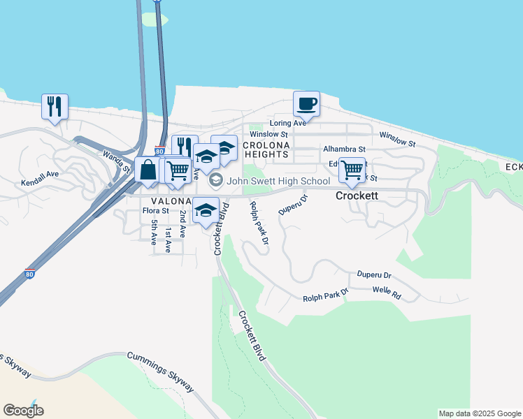 map of restaurants, bars, coffee shops, grocery stores, and more near 882 Redwood Court in Crockett