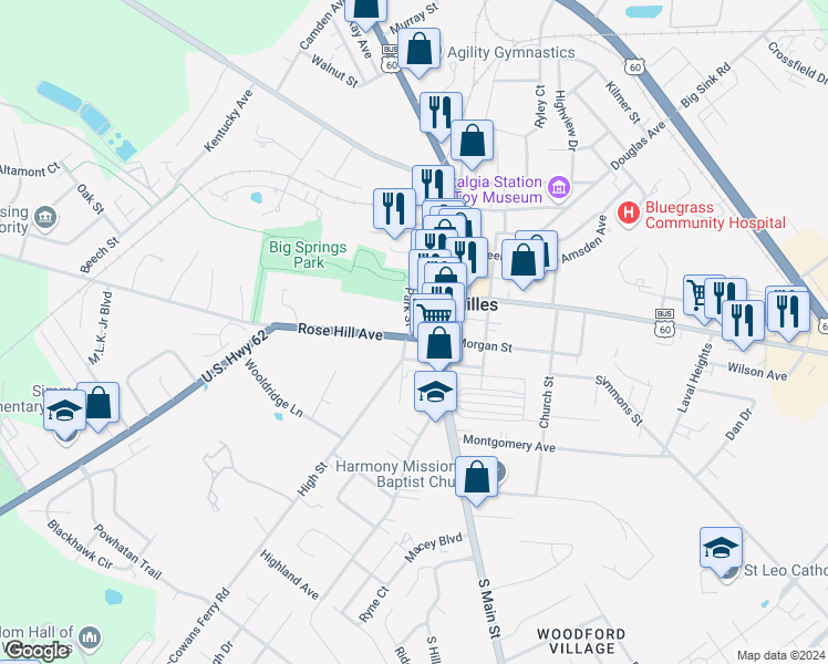 map of restaurants, bars, coffee shops, grocery stores, and more near 121 Rose Hill Avenue in Versailles