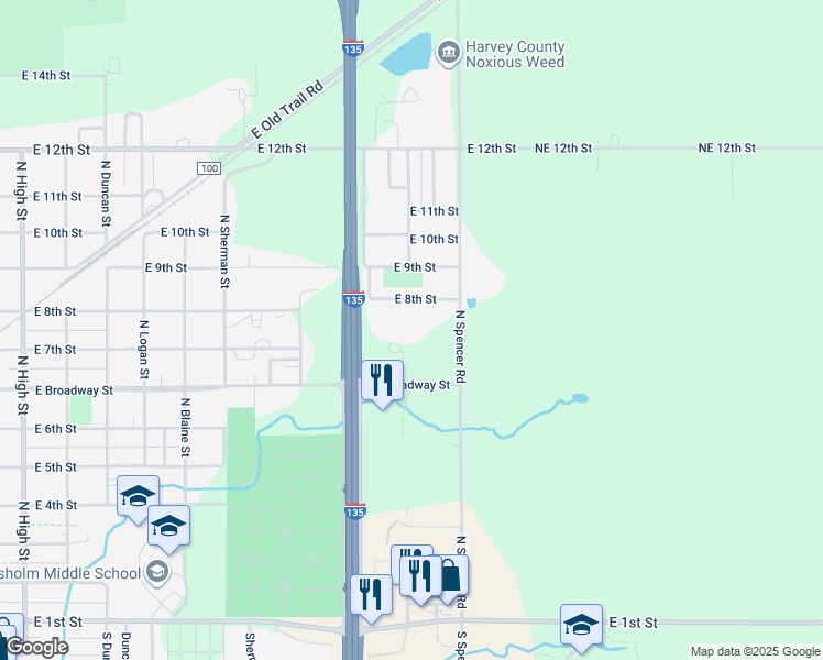 map of restaurants, bars, coffee shops, grocery stores, and more near 1605 East 8th Street in Newton
