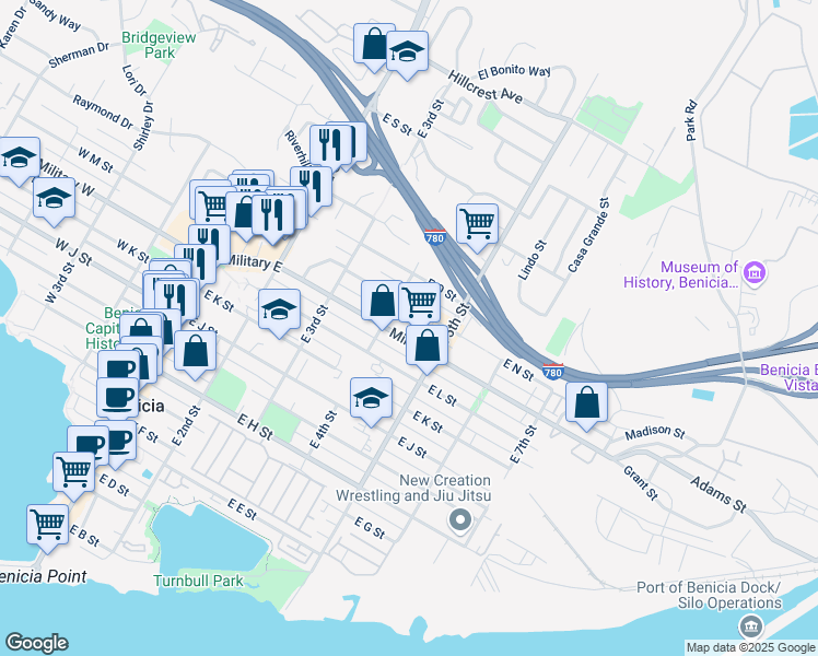 map of restaurants, bars, coffee shops, grocery stores, and more near 430 East N Street in Benicia