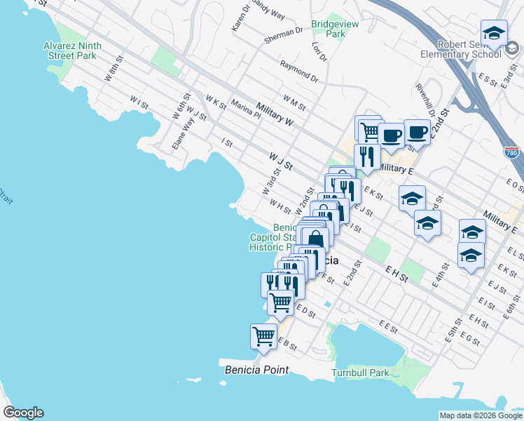 map of restaurants, bars, coffee shops, grocery stores, and more near 285 West G Street in Benicia