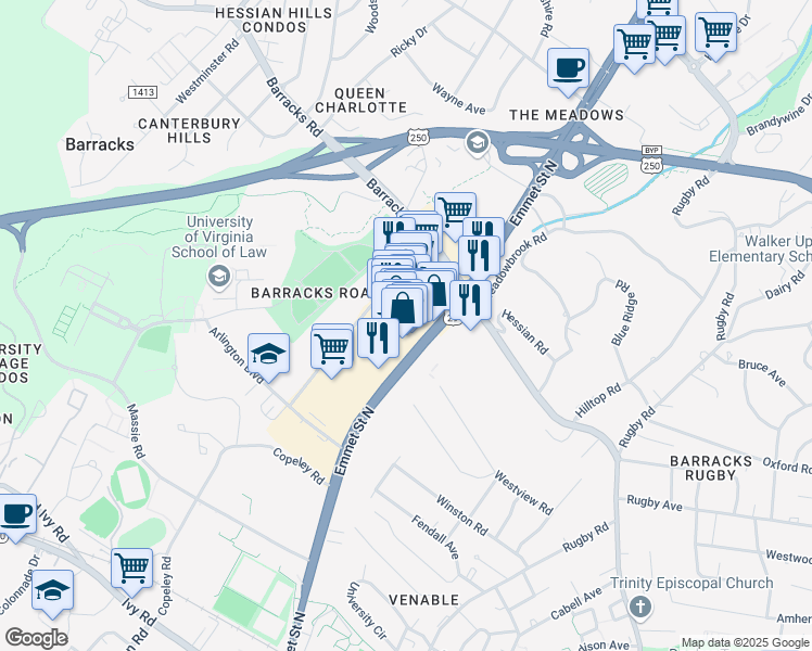 map of restaurants, bars, coffee shops, grocery stores, and more near 1111 Emmet Street North in Charlottesville
