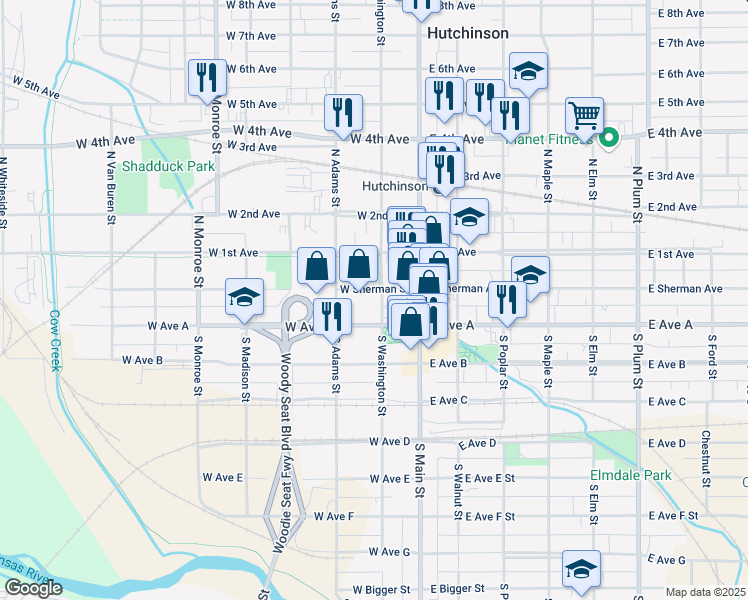 map of restaurants, bars, coffee shops, grocery stores, and more near 1 South Washington Street in Hutchinson