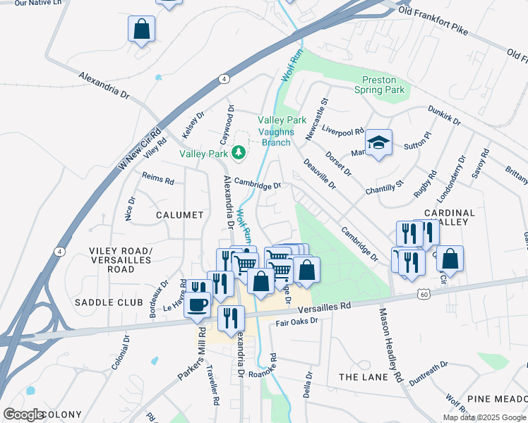 map of restaurants, bars, coffee shops, grocery stores, and more near 1262 Village Drive in Lexington