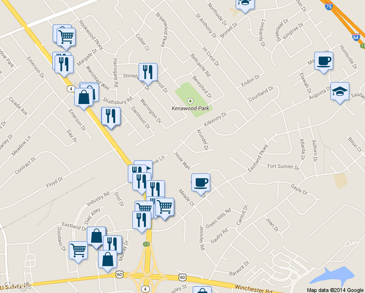 map of restaurants, bars, coffee shops, grocery stores, and more near 1823 Kilkenny Court in Lexington