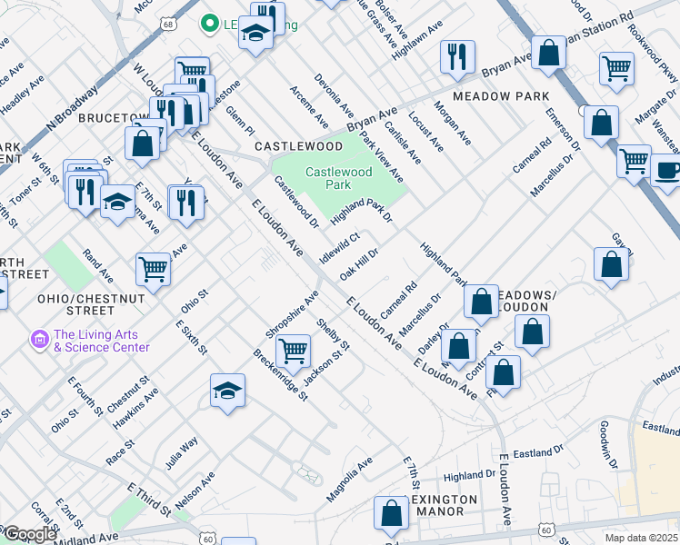 map of restaurants, bars, coffee shops, grocery stores, and more near 811 Oak Hill Drive in Lexington