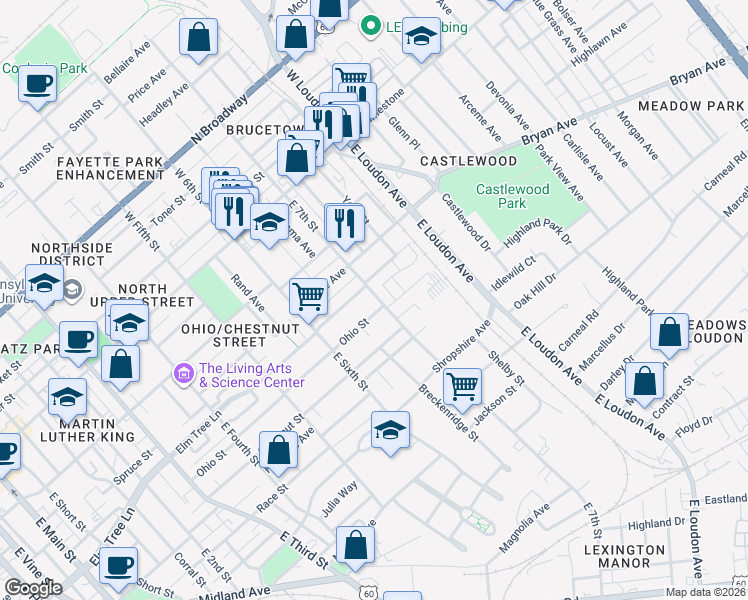map of restaurants, bars, coffee shops, grocery stores, and more near 316 East 7th Street in Lexington