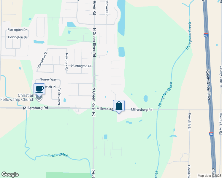 map of restaurants, bars, coffee shops, grocery stores, and more near Pelican Pointe Drive in Evansville