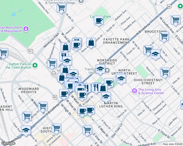 map of restaurants, bars, coffee shops, grocery stores, and more near 247 North Broadway in Lexington