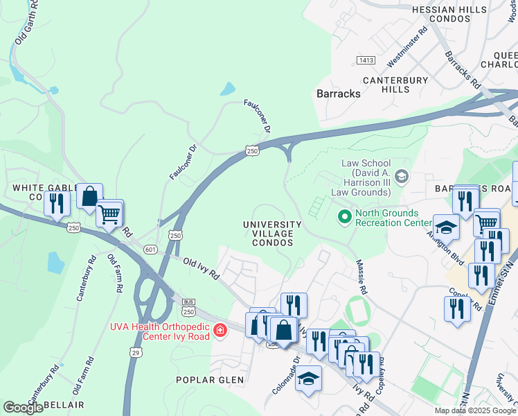 map of restaurants, bars, coffee shops, grocery stores, and more near 500 Crestwood Drive in Charlottesville