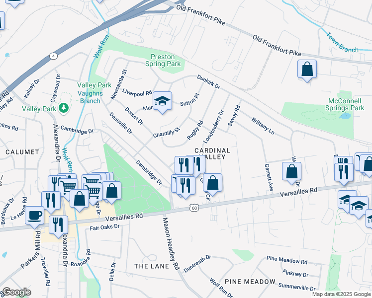 map of restaurants, bars, coffee shops, grocery stores, and more near 158 Rugby Rd in Lexington