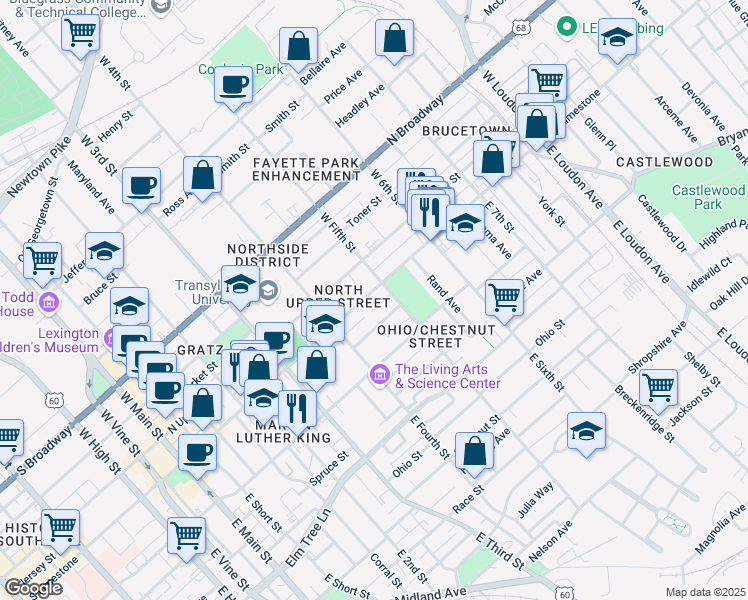 map of restaurants, bars, coffee shops, grocery stores, and more near 456 North Limestone in Lexington