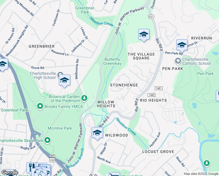 map of restaurants, bars, coffee shops, grocery stores, and more near 905 Stonehenge Road in Charlottesville