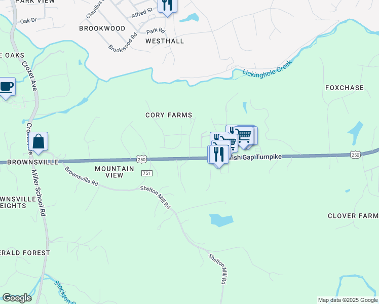 map of restaurants, bars, coffee shops, grocery stores, and more near 739 Cory Farm Road in Charlottesville