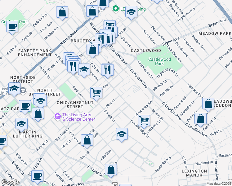 map of restaurants, bars, coffee shops, grocery stores, and more near 316 East 7th Street in Lexington