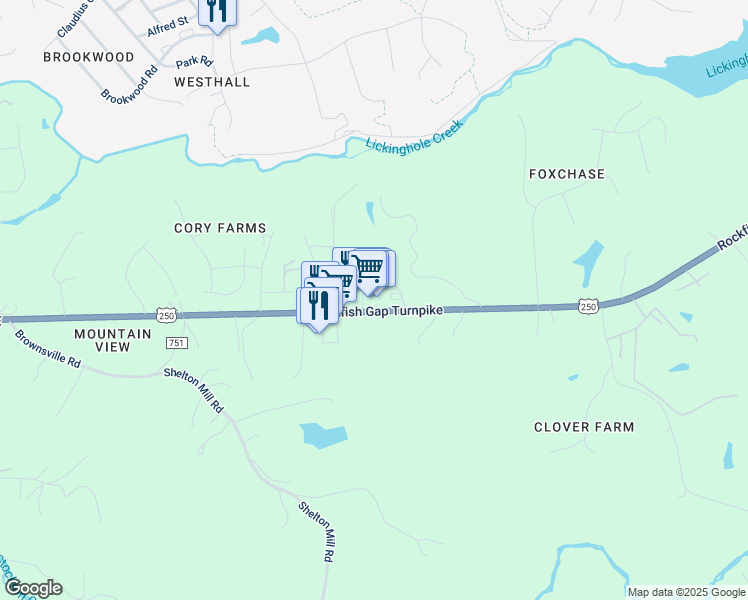 map of restaurants, bars, coffee shops, grocery stores, and more near 325 Four Leaf Lane in Charlottesville