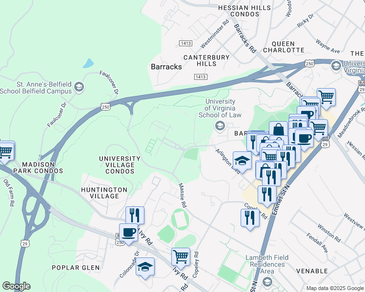 map of restaurants, bars, coffee shops, grocery stores, and more near 620-698 Nash Drive in Charlottesville