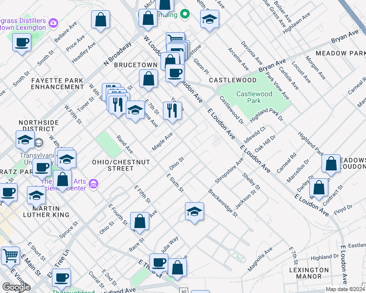 map of restaurants, bars, coffee shops, grocery stores, and more near 316 East 7th Street in Lexington