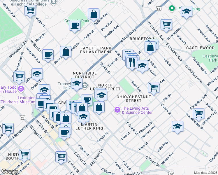 map of restaurants, bars, coffee shops, grocery stores, and more near 422 North Upper Street in Lexington