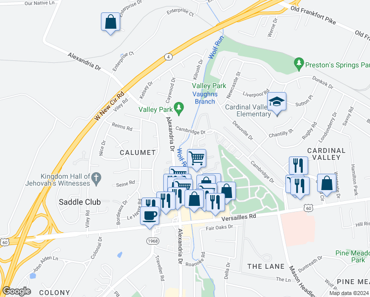 map of restaurants, bars, coffee shops, grocery stores, and more near 1266 Alexandria Drive in Lexington