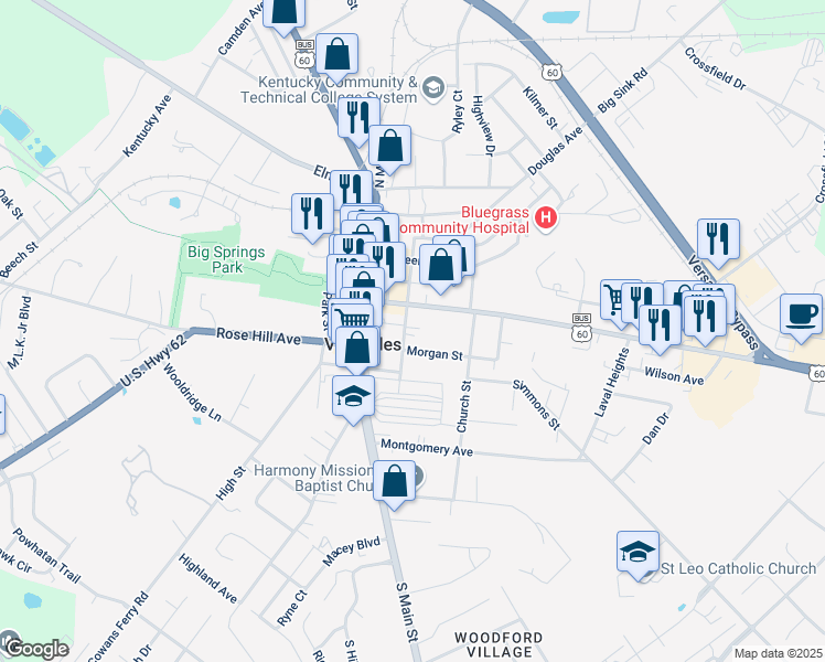 map of restaurants, bars, coffee shops, grocery stores, and more near 131 South Locust Street in Versailles