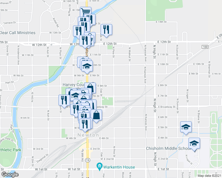 map of restaurants, bars, coffee shops, grocery stores, and more near 818 North Pine Street in Newton