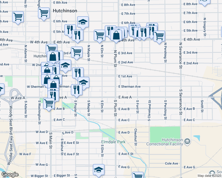 map of restaurants, bars, coffee shops, grocery stores, and more near 427 E Sherman St in Hutchinson