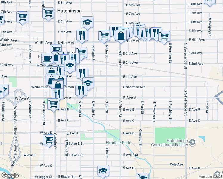 map of restaurants, bars, coffee shops, grocery stores, and more near 427 East Sherman Street in Hutchinson
