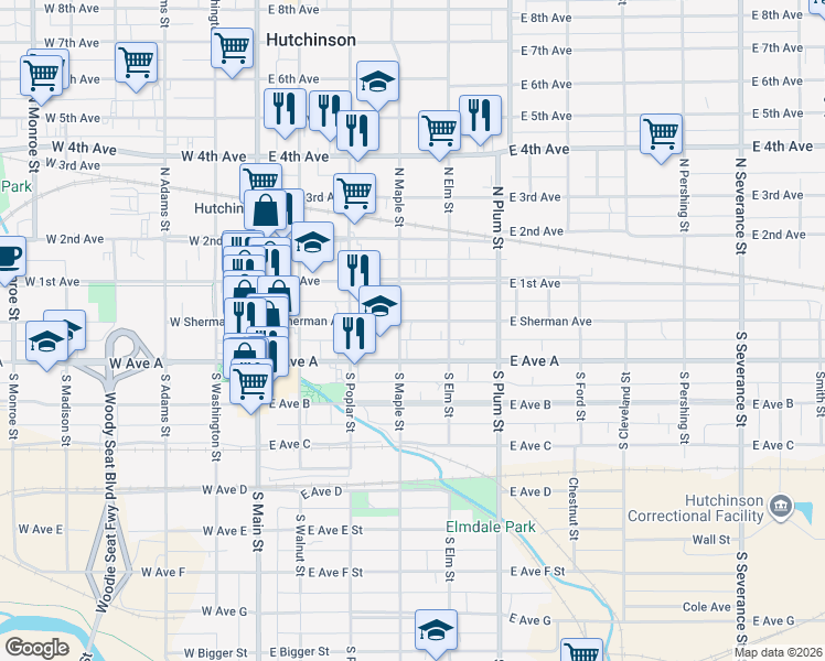 map of restaurants, bars, coffee shops, grocery stores, and more near 303 East Sherman Street in Hutchinson