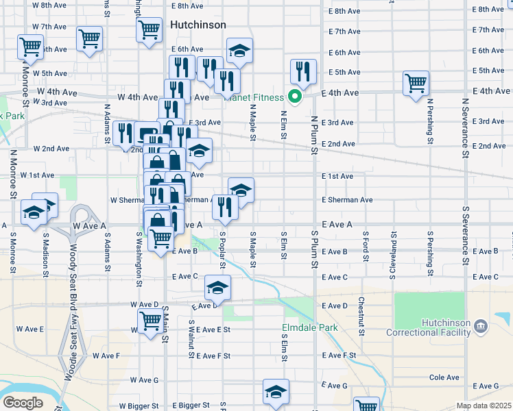 map of restaurants, bars, coffee shops, grocery stores, and more near 303 East Sherman Street in Hutchinson